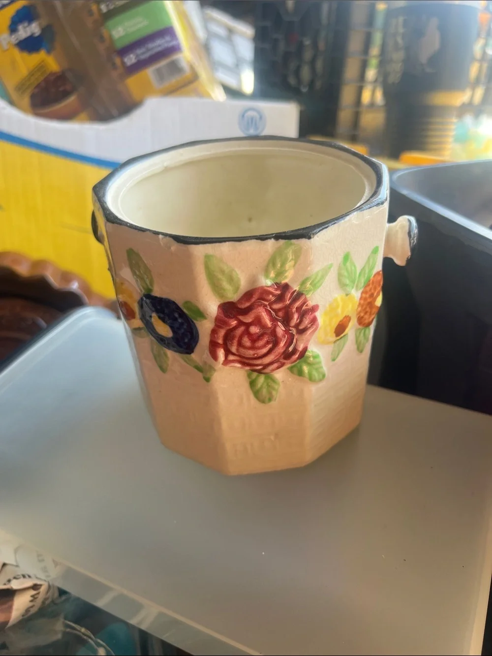 Floral Relief Ceramic Vase in Cream with Multicolor Flowers